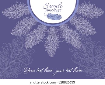 Greeting card in lilac tones with patterns and feathers 