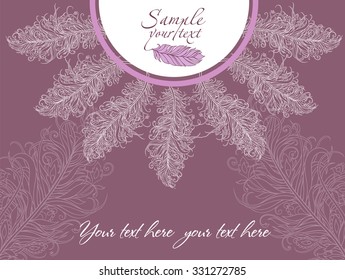 Greeting card in lilac tones with patterns and feathers 
