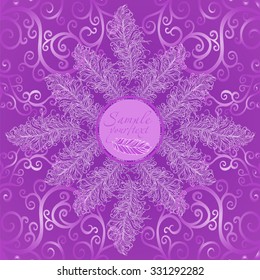 Greeting card in lilac tones with patterns and feathers 