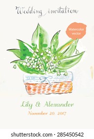 Greeting card with lilies of the valley, watercolor, can be used as invitation card for wedding, birthday and other holiday and summer background. Vector illustration. - stock vector