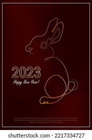 Greeting card with linear funny rabbit as a symbol of 2023 New Year. Bunny as Chinese traditional horoscope sign on red gradient background. A4 postcard for Christmas holidays. Single line art