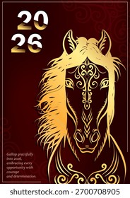 Greeting card with linear hand drawn golden Oriental Horse as symbol of 2026 New Year. Chinese traditional horoscope animal sign with pattern on luxury red background. A4 poster for Christmas holiday