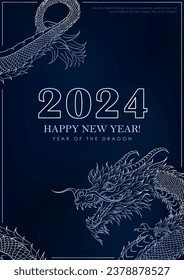 Greeting card with linear hand-drawn Asian dragon as a symbol of 2024 New Year. Dragon as Chinese traditional horoscope sign on blue gradient background. Minimalist A4 poster for Christmas holidays