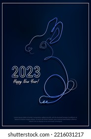 Greeting card with linear rabbit as a symbol of 2023 New Year. Water bunny as Chinese traditional horoscope sign on dark blue gradient background.  A4 postcard for Christmas holidays. Single line art