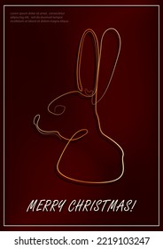 Greeting card with linear rabbit as a symbol of 2023 New Year. Water bunny as Chinese traditional horoscope sign on red gradient background. A4 postcard for Christmas holidays. Single line art