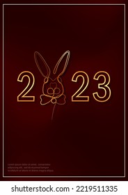 Greeting card with linear rabbit as a symbol of 2023 New Year. Bunny as Chinese traditional horoscope sign on dark red gradient background. A4 postcard for Christmas holidays. Single line art