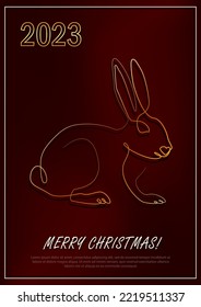 Tarjeta de saludo con conejo lineal como símbolo del Año Nuevo 2023. Conejo dorado como símbolo tradicional chino del horóscopo en un fondo de gradiente rojo oscuro.  Postal A4 para las vacaciones de Navidad. Arte de una sola línea