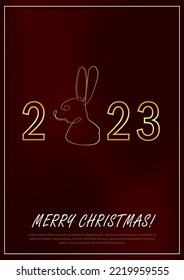 Greeting card with linear rabbit as a symbol of 2023 New Year. Bunny as a Chinese traditional horoscope sign on dark red gradient background. A4 postcard for Christmas holidays. Single line art