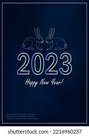 Greeting card with linear rabbits as a symbol of 2023 New Year. Water bunnies as Chinese traditional horoscope sign on dark blue gradient background.  A4 poster in continuous line art style