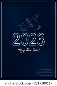 Greeting card with linear rabbits as a symbol of 2023 New Year. Water bunnies as Chinese traditional horoscope sign on dark blue gradient background.  A4 poster in continuous line art style