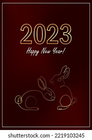 Greeting card with linear rabbits as a symbol of 2023 New Year. Two bunnies as Chinese traditional horoscope sign on dark red gradient background. A4 postcard for Christmas holidays. One line art