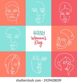 Greeting card with linear women faces. International womens day postcards. 8th March holiday. Sisterhood and Feminism. Graceful line art postcards, social media post. Vector line illustration