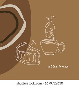 Greeting card, lineart illustration, continuous line. Coffee and cake, cafe logo template