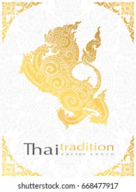 greeting card lion Character,thai tradition style.vector