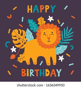 Greeting card with lion, flowers, tropical leaves, palm and monstera on dark background. Scandinavian style. Perfect for childish print, apparel, nursery. Vector Illustration