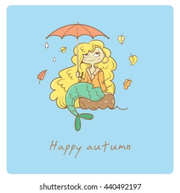 Greeting card with little cute cartoon mermaid under umbrella. Autumn season. Rainy weather. Leaf fall. Children's illustration. Vector image. Beautiful fairy girl.