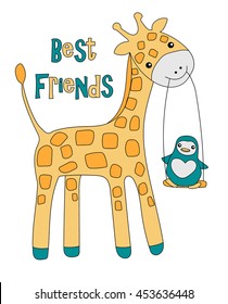 Greeting card Little cute giraffe and his friend penguin isolated on white background. Happy friendship day Vector illustration.