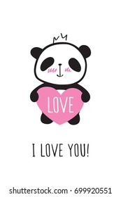 Greeting card with little cute panda and heart for Valentine's Day, birthday, Mother's Day, wedding. Doodles, sketch for your design. Vector.