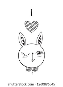 Greeting card with little cute rabbit. I love you! Vector illustration.