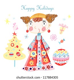 greeting card with little girl and Christmas tree