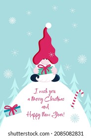 Greeting card with little gnome and presents with wishes Merry Christmas and Happy New Year. Vector flat illustration.