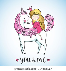 Greeting card with Little princess girl on magic unicorn. Love concept. Vector illustration.