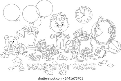Greeting card with a little schoolboy first grader before start of classes, completing his schoolbag