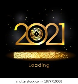 greeting card loading new year 2021. beetle shiny golden illustration on black background. vector