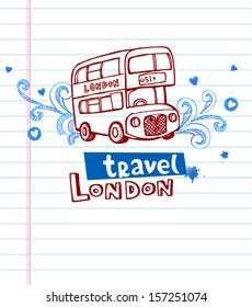 Greeting card from London in doodle style, the London bus