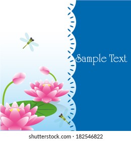 Greeting card with lotus flowers and dragonflies. Vector illustration