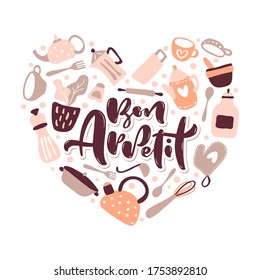 Greeting card love with Bon Appetit lettering vector text for food blog kitchen in the shape of a heart. Cute quote design cooking scandinavian element for restaurant, cafe menu banner, poster