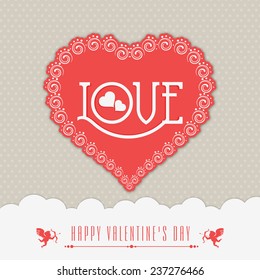 Greeting card or love card design with red heart and Love text for Happy Valentine's Day celebration.