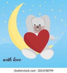 greeting card with love. A hare sits on a moon in the sky among the stars and holds a huge heart from below the text in words with love. Banner, background, holiday greeting card