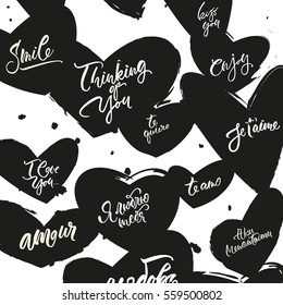 Greeting card with love quotes at different languages. Vector illustration with hearts. Lettering for wedding or Valentine's day