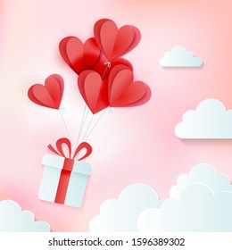 Greeting card of love and Valentine's day with bunch of heart baloons with gift in clouds. Paper cut style. Vector cozy pink illustration.