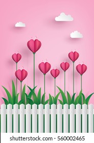 Greeting Card Of Love And Valentine's Day. Heart Shape Flowers On The Grass ,paper Art Craft Style.