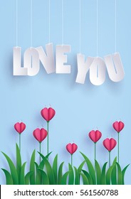 Greeting card of love and Valentine's Day. Heart shape flowers on the grass ,paper art craft style.