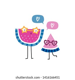 Greeting card: love you. Creative Hand Drawn card with two watermelons. For wedding, anniversary, birthday, Valentin's day. Vector illustration. Isolated on white. T-shirt Graphics.