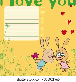 Greeting card I love you! with kissing rabbits