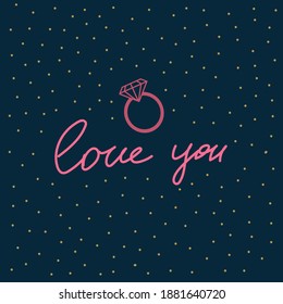 Greeting card Love you. Soft pink ring with lettering. Cartoon romantic love concept poster. Vector illustration