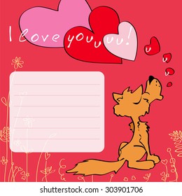 Greeting card I love you! with wolf and hearts