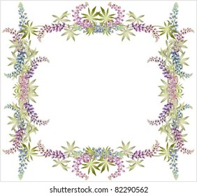 Greeting card with lupine . Beautiful decorative framework with flowers.