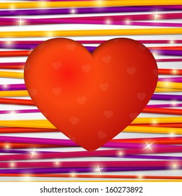 Greeting card made from bundle of bright laces with red heart cut through the paper. For Happy Valentines day, Wedding, or Love messages.
