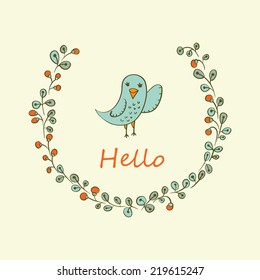 Greeting card made of cute bird and flowers in vintage colors. Vector illustration.
