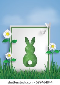 Greeting card made form Rabbit on garden with Butterfly . Happy Easter day and Spring season,paper art and craft style.
