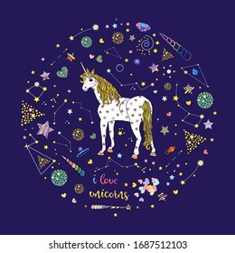 Tarjeta de saludo con unicornio estelar mágico en forma de círculo azul con constelaciones, estrellas, cristales, corazones, con frase me encantan los unicornios. Ilustración vectorial para impresión, pantalones t, tarjetas, invitaciones