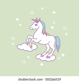 Greeting card magic unicorn. Vector poster.