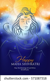 Greeting card for Maha Shivratri, a Hindu festival celebrated of Lord Shiva. Background with Lord Shiva face. Vector illustration.