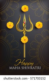 Greeting card for Maha Shivratri, a Hindu festival celebrated of Shiva Lord. Golden trishula of Shiva on black background. Vector illustration.