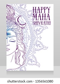 greeting card for Maha Shivratri with Shiva portrait on indian mandala, vector illustration